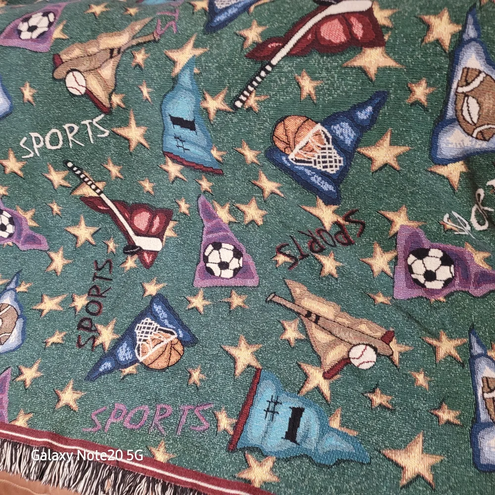 Green Sports-Themed Woven Throw with Multicolor Motifs